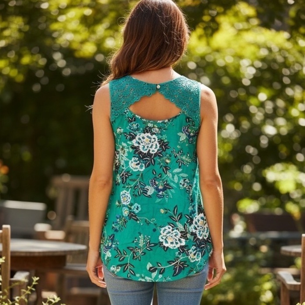 Daniel Rainn Teal Green Floral Crochet Lace Top Bohemian Feminine Botanical 1X - Picture 2 of 11